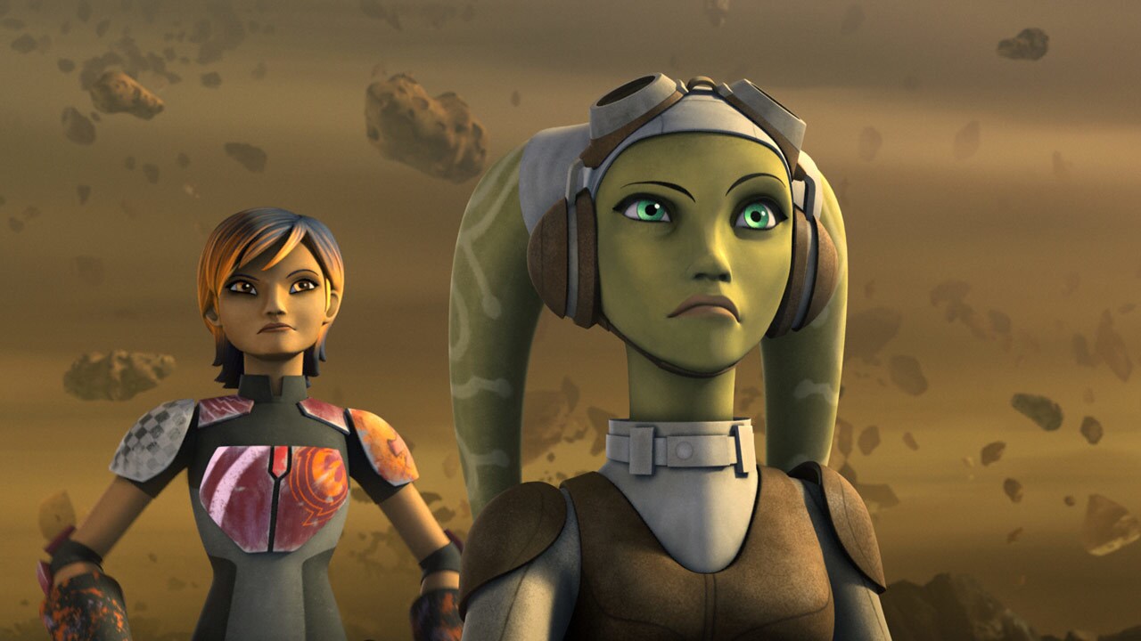 Hera and Sabine observe floating rocks swirling around them in Star Wars Rebels.