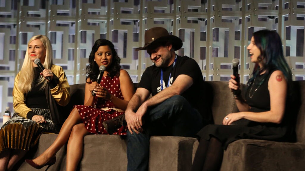 Ashley Eckstein, Tiya Sircar, and Dave Filoni speak at the The Heroines of Star Wars Panel at Celebration Orlando.