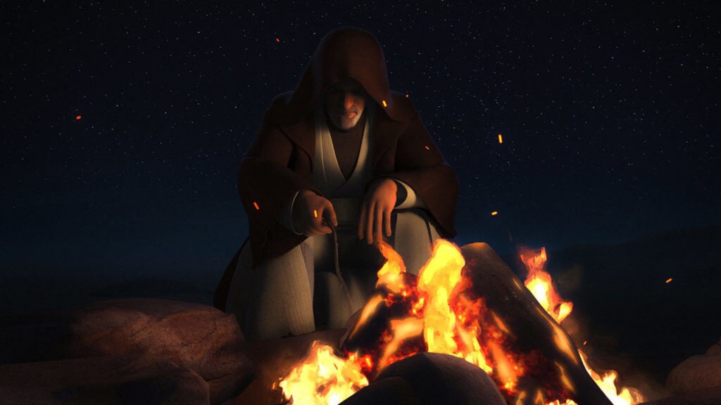Obi-Wan Kenobi sits in front of a campfire in Star Wars Rebels.