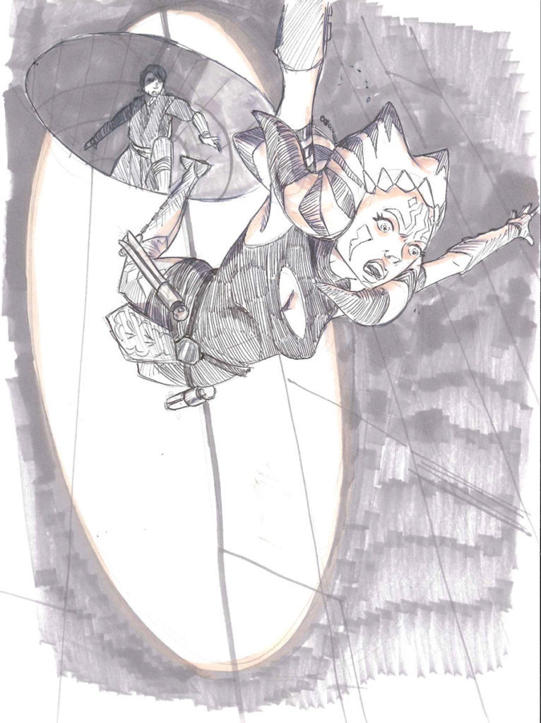 Concept sketch of Ahsoka Tano falling while Anakin Skywalker looks on.