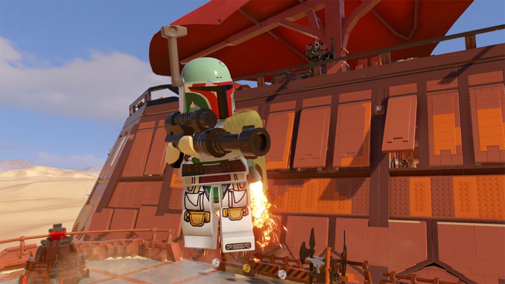 A video game still of a LEGO Boba Fett flying in front of Jabba's yacht.