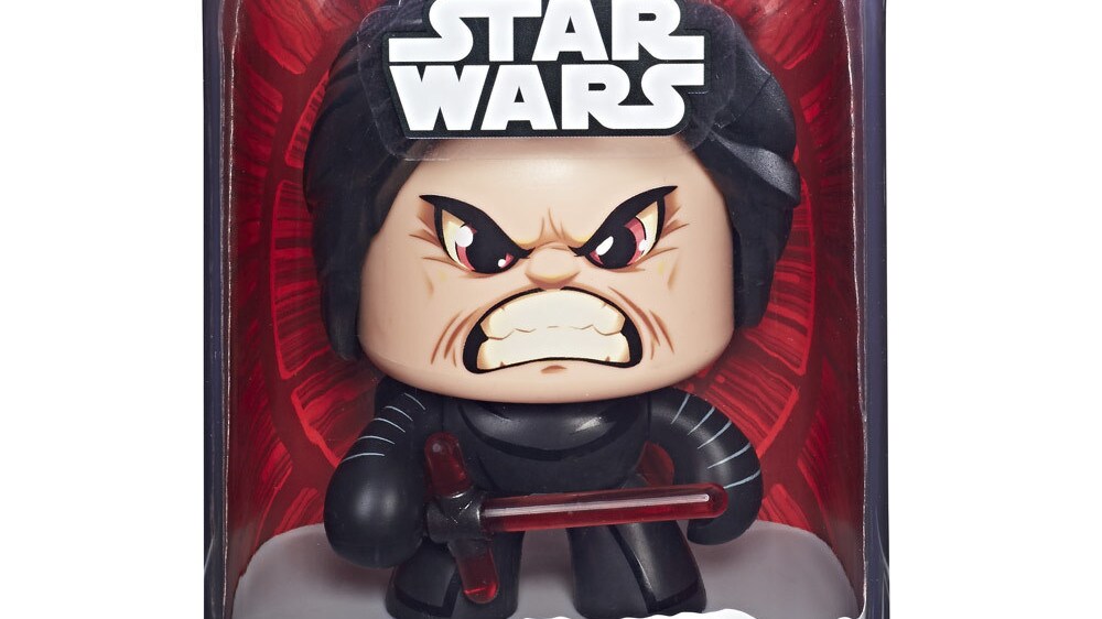 A packaged Kylo Ren Star Wars Mighty Muggs collectible figure holds a lightsaber with an angry expression on its face.