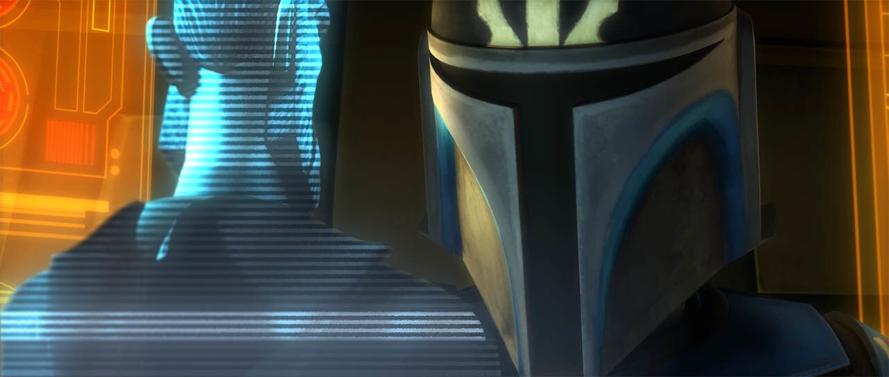 Pre Vizsla speaks to a hologram of Count Dooku in The Clone Wars.