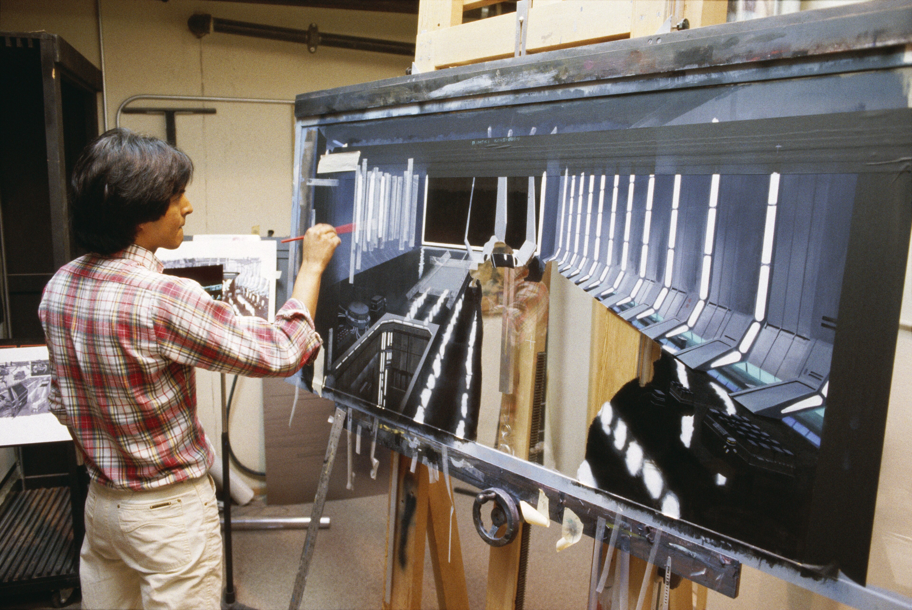 ILM matte artist Frank Ordaz works on a matte painting of the Death Star II hangar.