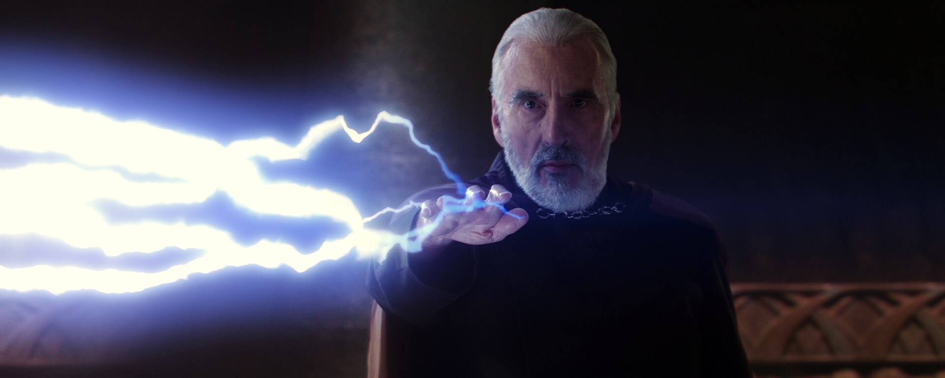 Count Dooku unleashes Force lightning.