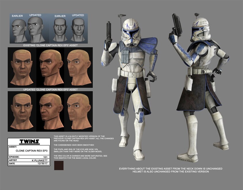 Concept art by Kilian Plunkett shows variations of Captain Rex's head and face as well as his full body armor.