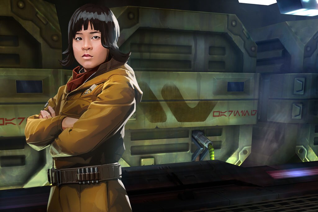 Rose Tico stands with her arms folded while in a cargo hold in key art for the video game Star Wars: Galaxy of Heroes.