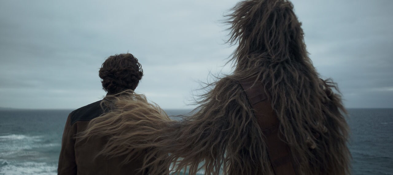 Chewbacca pats Han Solo on the back while they look out on the ocean.