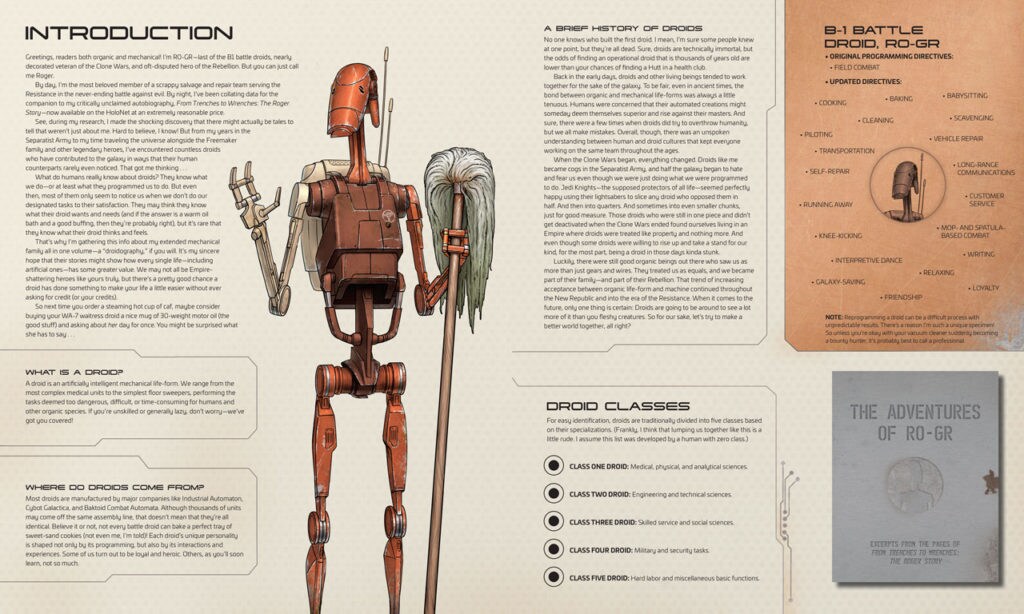 Star Wars: Droidography spread on Roger from LEGO Star Wars: The Freemaker Adventures.