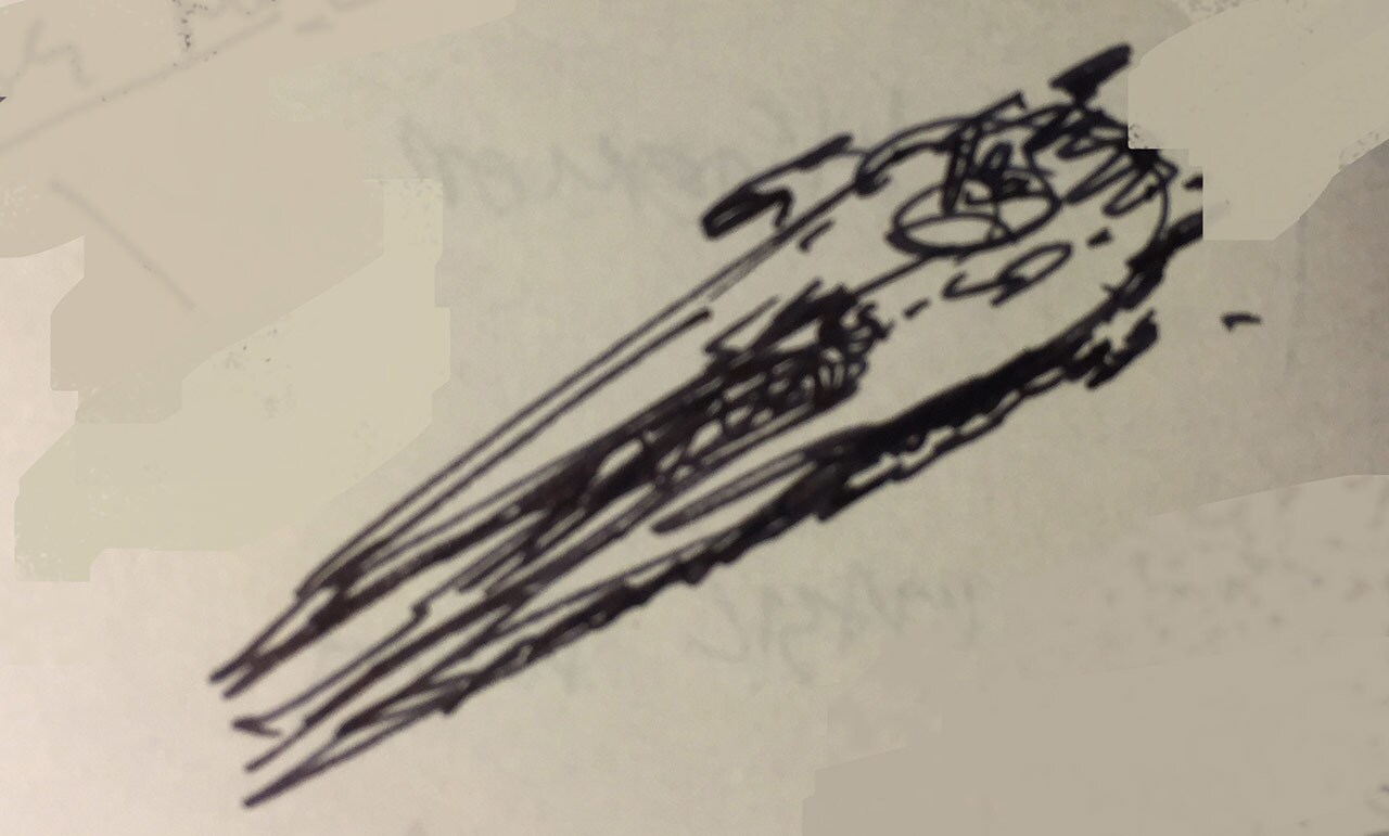 A hand drawn ink sketch of the Millennium Falcon.
