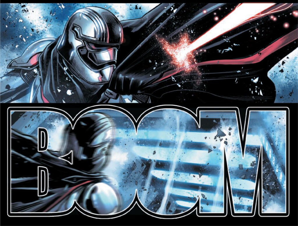 A page from a Star Wars: Captain Phasma comic book features Captain Phasma deflecting a blast ray and the word BOOM in big, bold letters.
