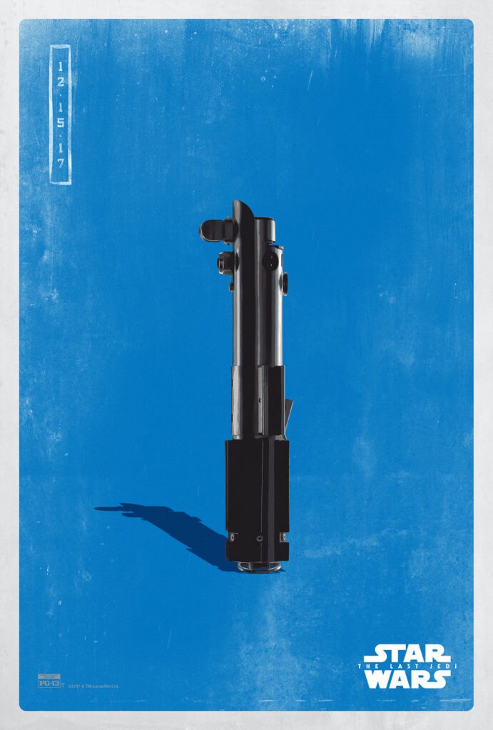 A poster of a lightsaber with a blue background.