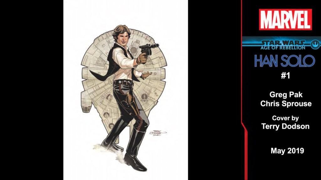 A smiling Han Solo aims his blaster on a concept cover by Terry Dodson for Star Wars: Age of Rebellion issue #1, by Greg Pak and Chris Sprouse.