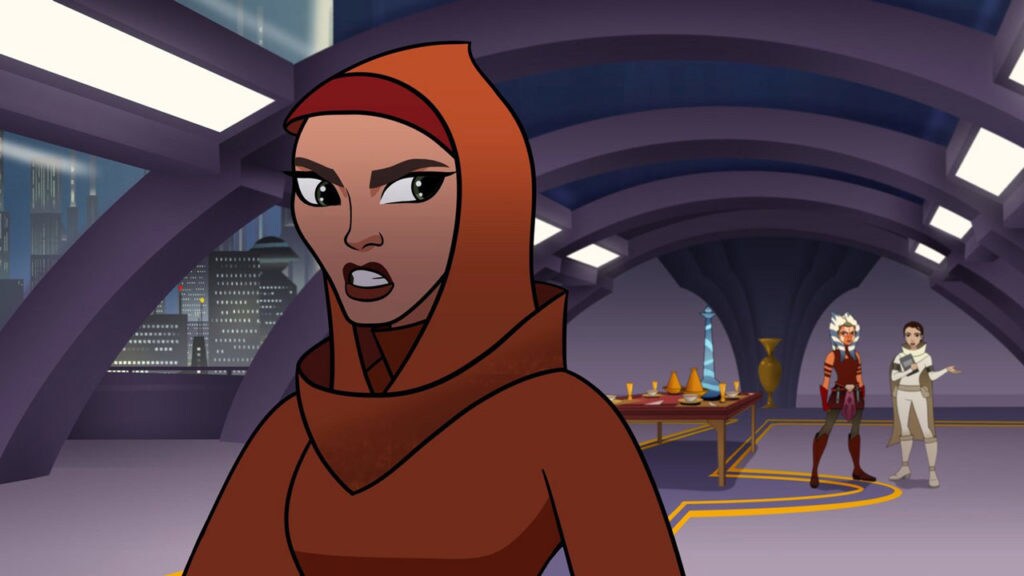 One of Padme's handmaidens looks over her shoulder at Padme and Ahsoka Tano in Forces of Destiny.