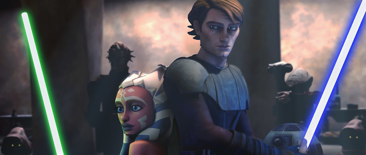 Ahsoka and Anakin stand back-to-back while wielding lightsabers in The Clone Wars movie.