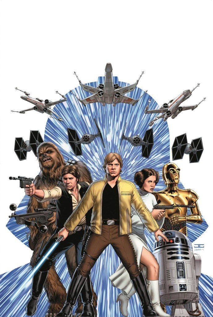 The cover art for an issue of Marvel's Star Wars comic book series features Luke, Leia, Han, Chewbacca, C-3PO, and R2-D2 standing together with an outline of Darth Vader behind them and X-wings and TIE fighters flying above them.