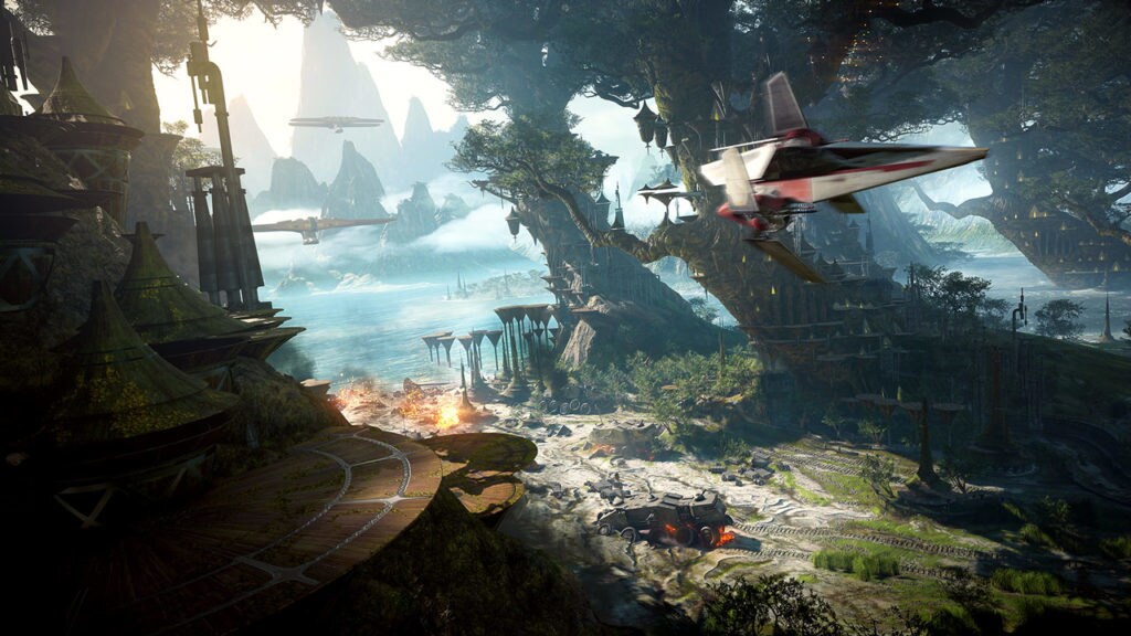 An A-wing flies under the trees on Kashyyyk.