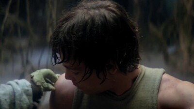 Yoda pinches Luke Skywalker.