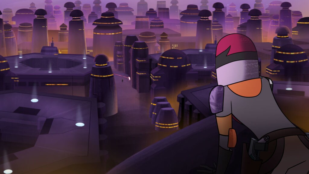 Sabine in her Mandalorian armor, stands on an overlook surveying the city below in Star Wars Forces of Destiny.