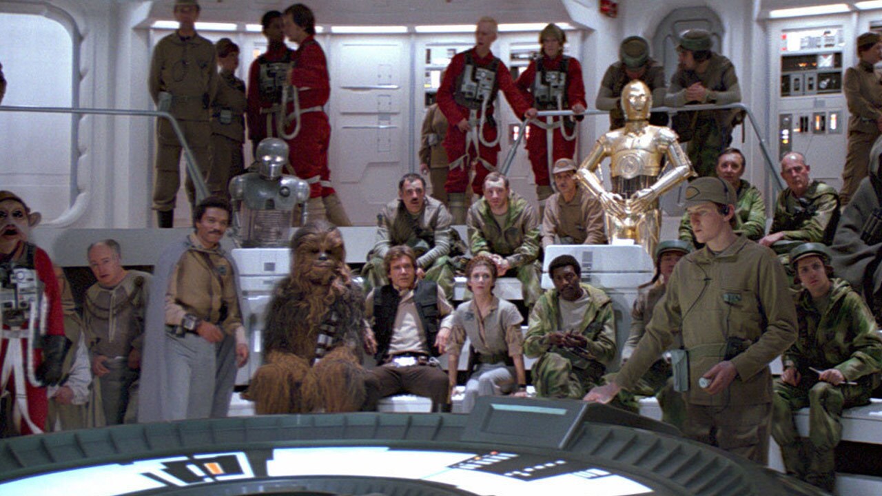 Leia, Han, Chewie, Lando, C-3PO, and other members of the Rebel Alliance gather in the briefing room in Return of the Jedi.