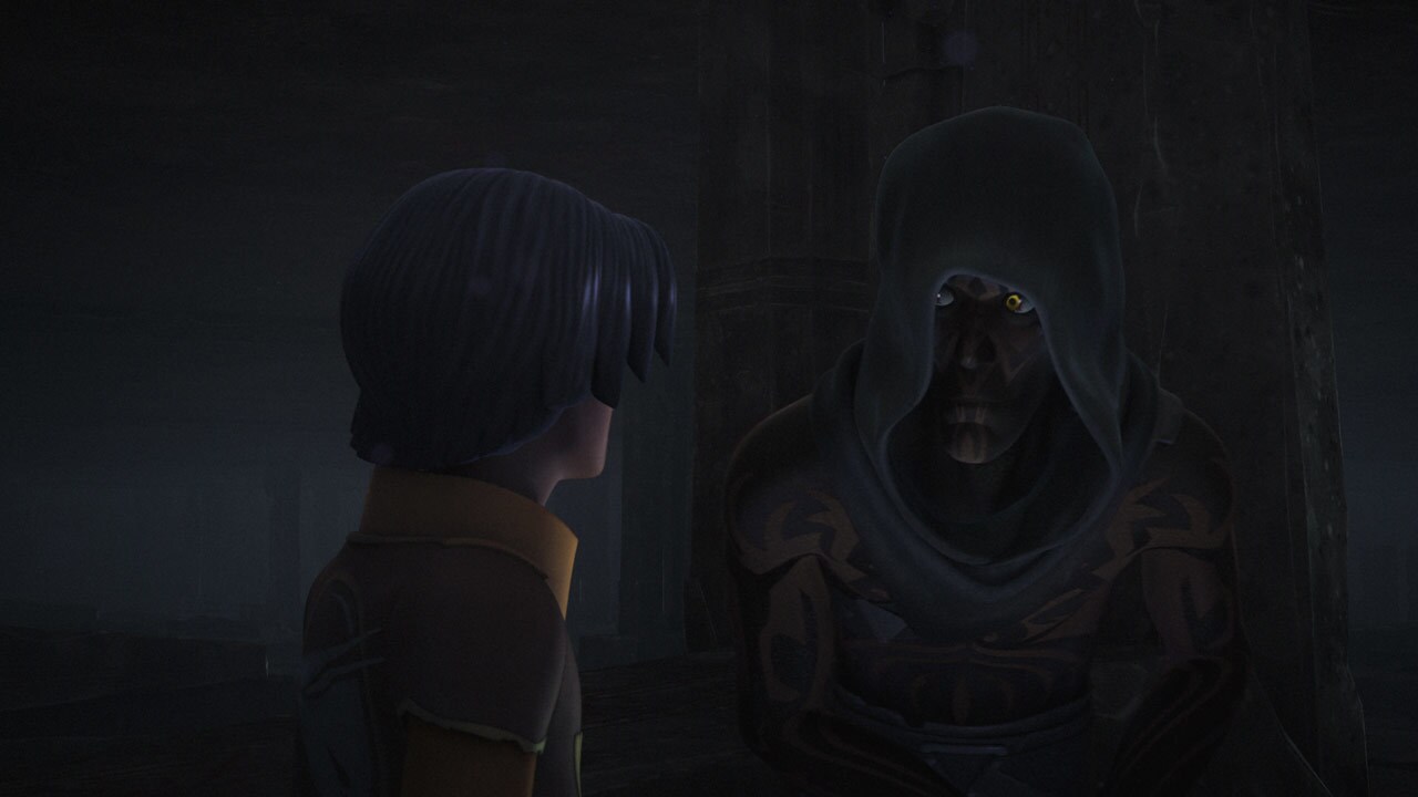 A hooded Darth Maul looks at Ezra in Star Wars Rebels.