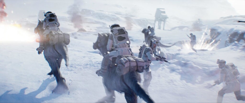 Rebels riding tauntauns are attacked by AT-AT fire on the icy planet of Hoth in the Star Wars Battlefront II launch trailer.
