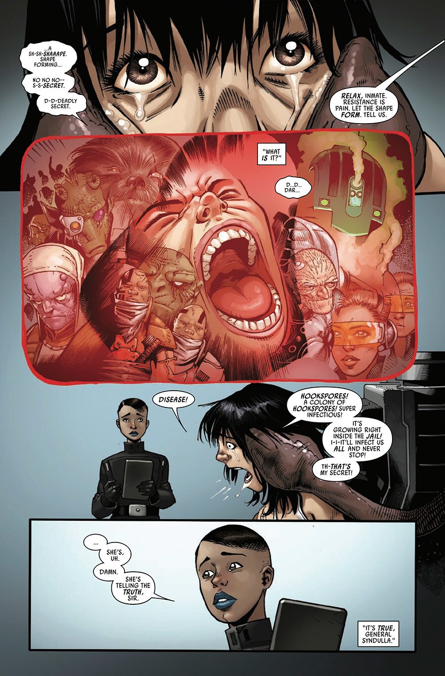 Aphra gets her mind probed painfully by an alien, revealing she knows about a Hookspore infestation in this series of comic panels.