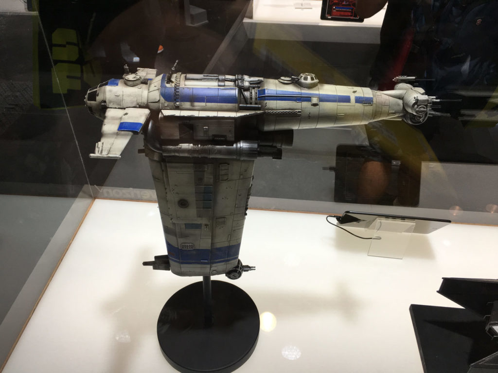 A Resistance bomber model on display at the NYCC 2017 Star Wars: The Last Jedi Prop Gallery.