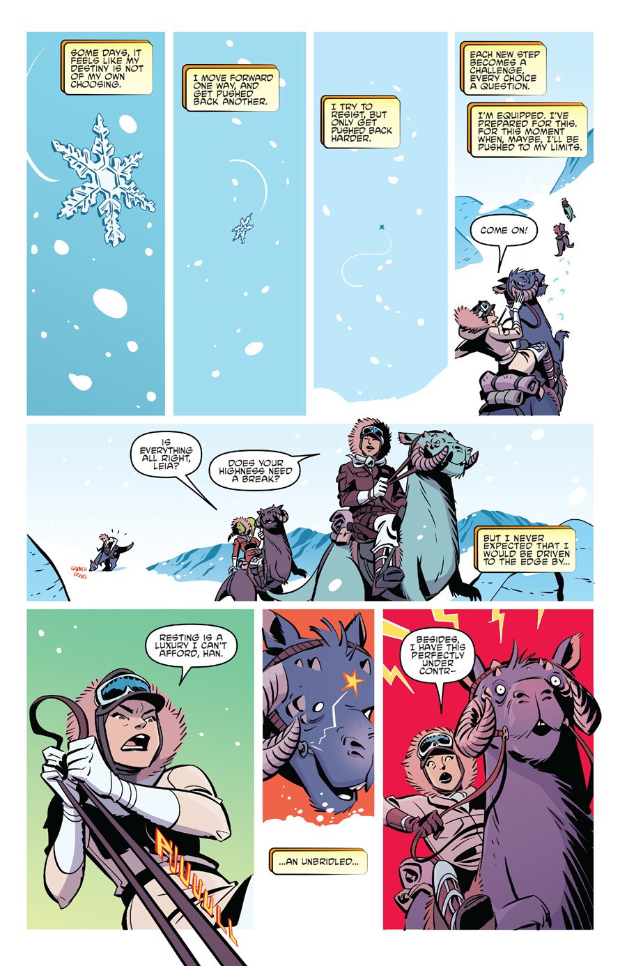 A comic book page depicts Princess Leia riding a tauntaun in the snow.