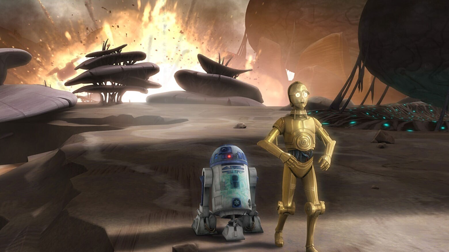C-3PO and R2-D2's standing in front of an explosion in the distant background in The Clone Wars