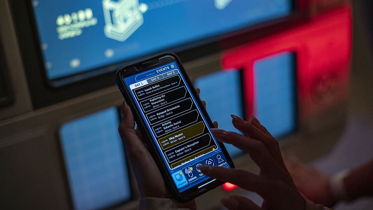 Guests may use the Star Wars: Datapad in the Play Disney Parks mobile app to deepen the immersion of their vacation experience in Star Wars: Galactic Starcruiser at Walt Disney World Resort in Lake Buena Vista, Fla. (Matt Stroshane, photographer)