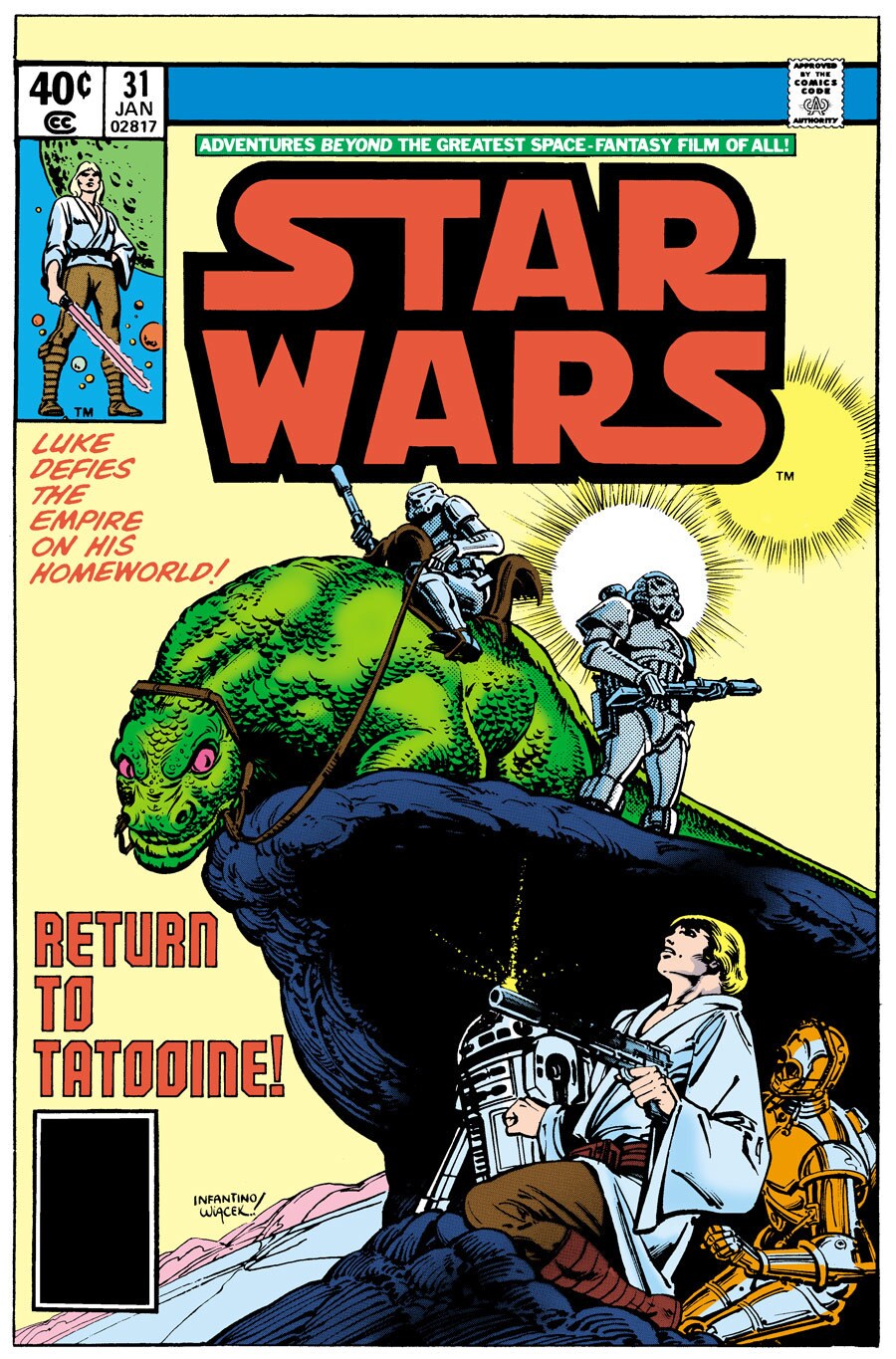 The cover of the Marvel comic book Star Wars: Return to Tatooine shows Luke, R2-D2, and C-3PO hiding from stormtroopers with a dewback.