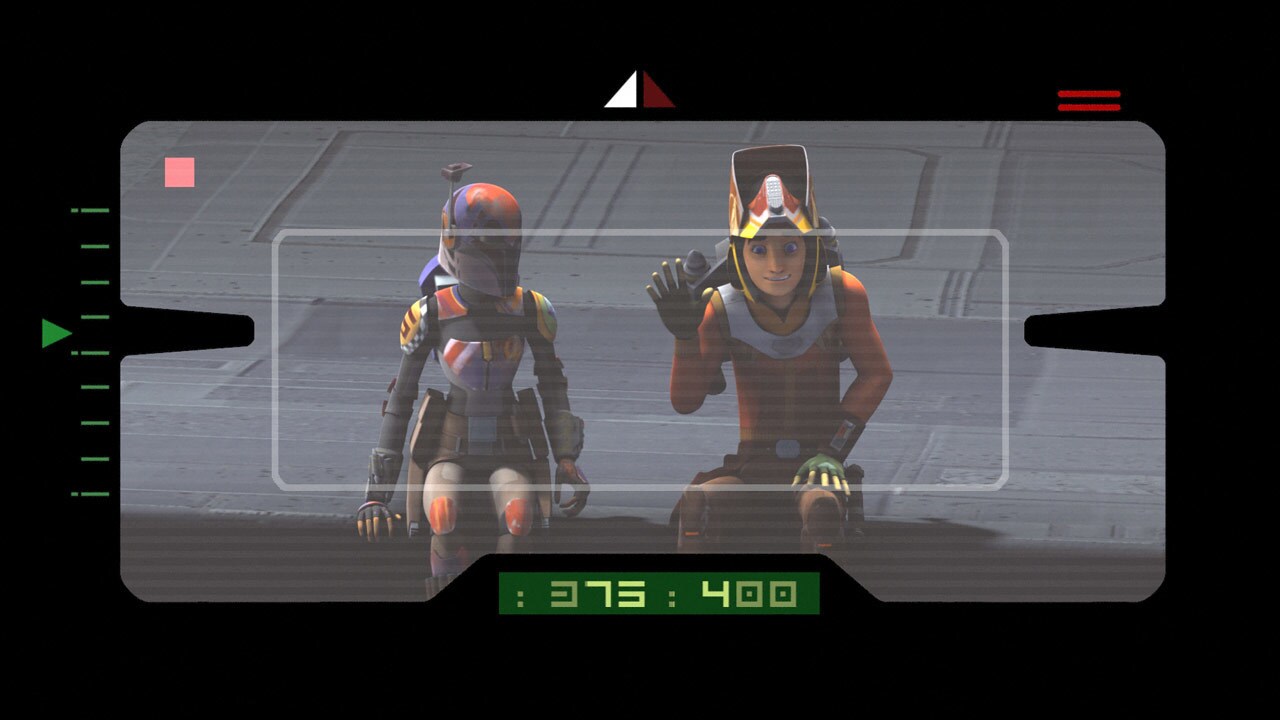 Ezra waves while sitting next to Sabine as they are seen through electrobinoculars in Star Wars Rebels.