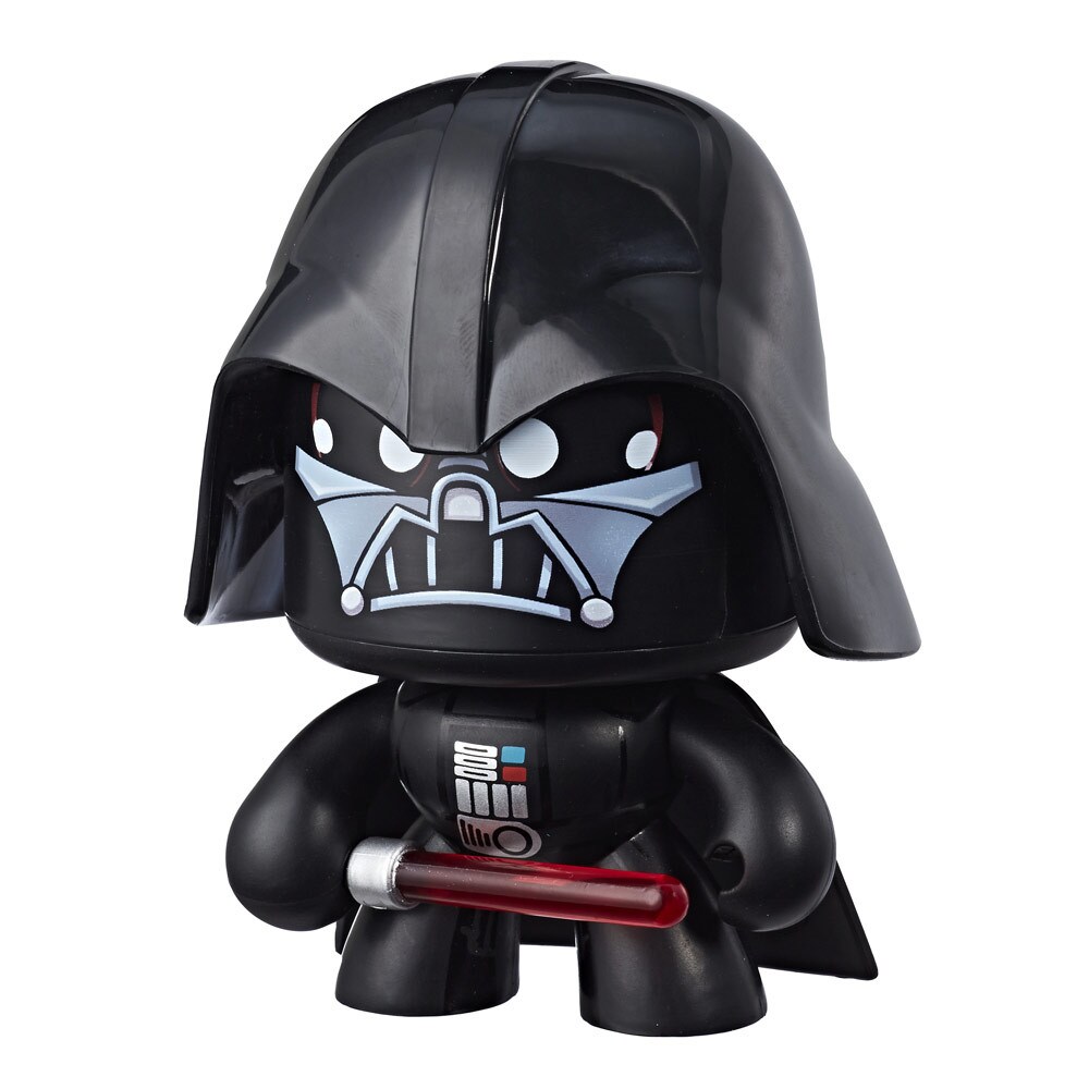 A Darth Vader Star Wars Mighty Muggs collectible figure holds a lightsaber with an angry look on its face.