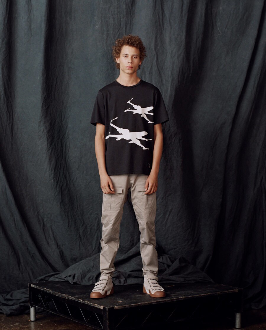 A model poses wearing an X-wing shirt from Marcus Wainwright's Rag & Bone collection.