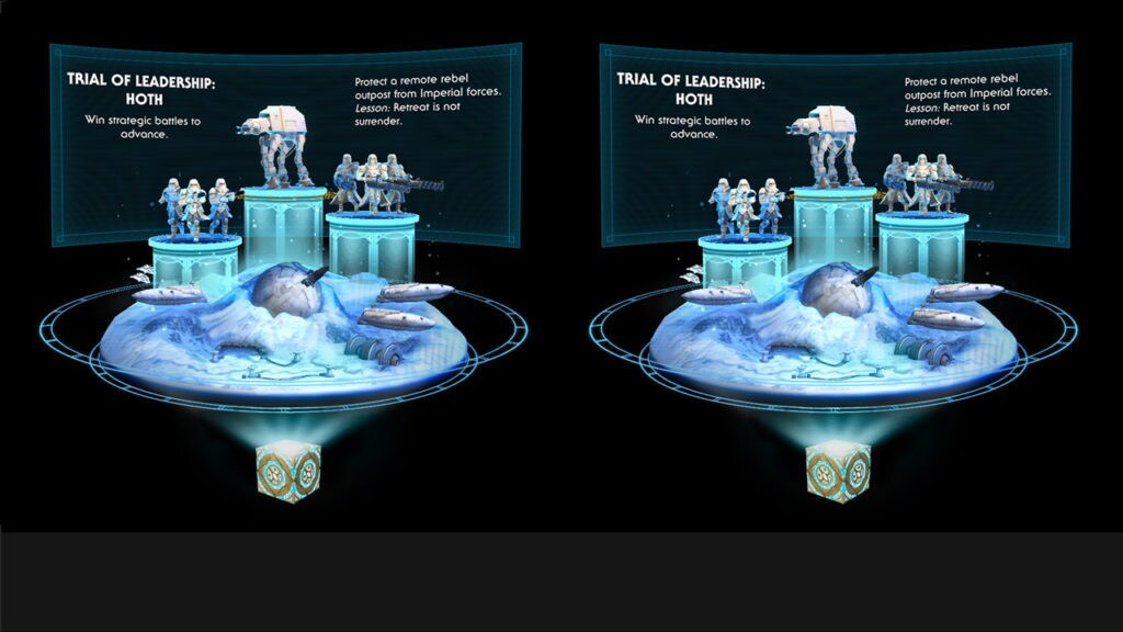Two images show leadership and battle strategies for Hoth with augmented armies in Star Wars: Jedi Challenges.