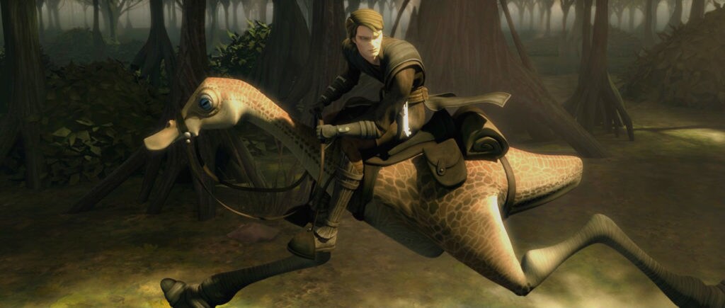 Anakin Skywalker rides a Kaadu in Star Wars: The Clone Wars.