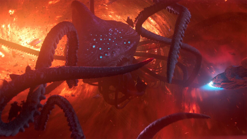 The Millennium Falcon escapes from a Summa-verminoth, a gigantic tentacled space monster.