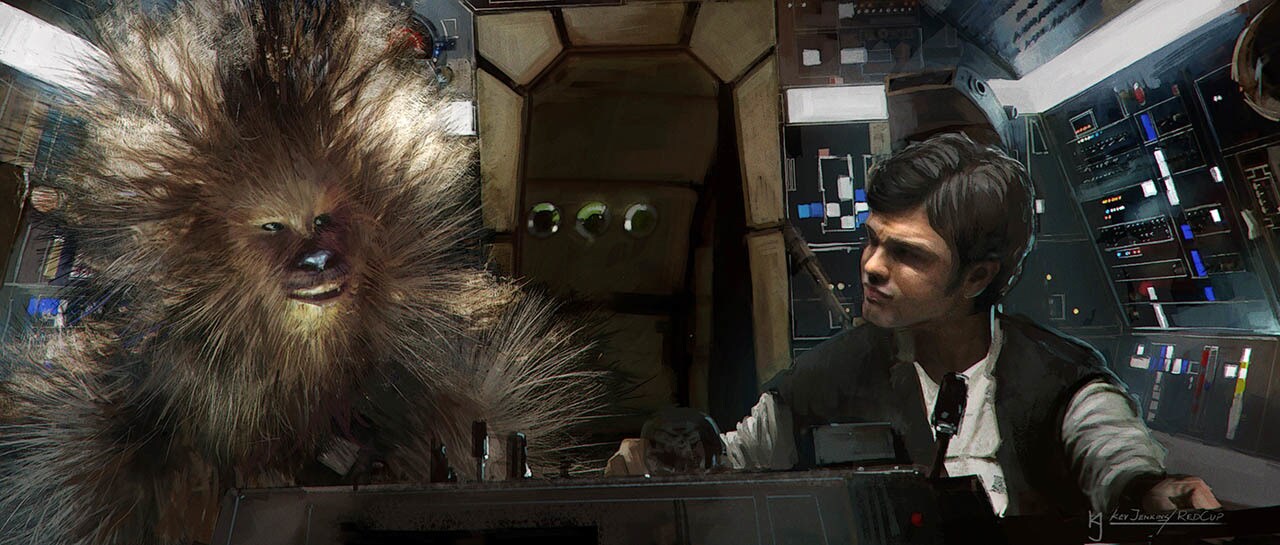 In concept art for Solo: A Star Wars Story, Han Solo and Chewbacca sit in the cockpit of the Millennium Falcon.