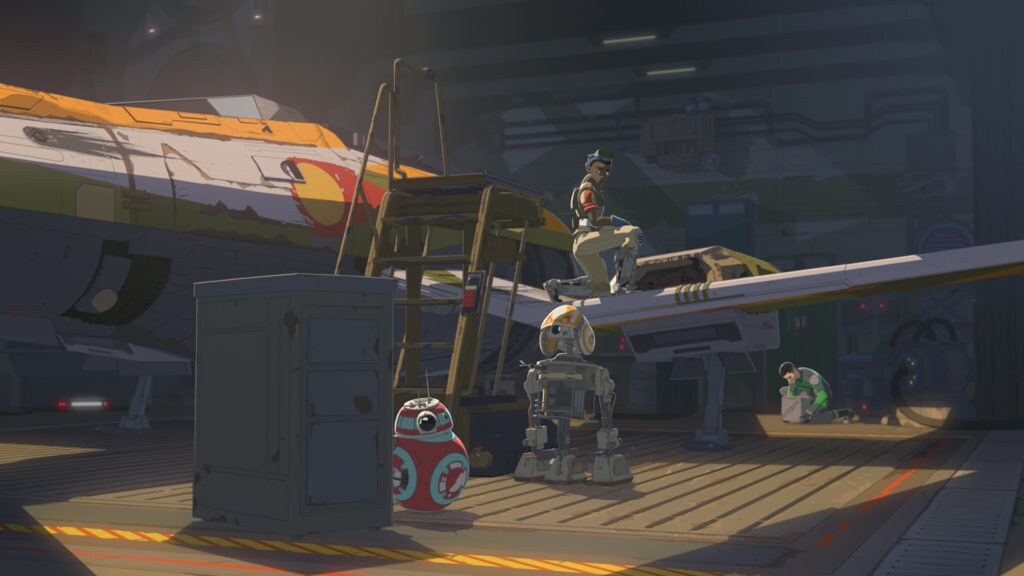 The Fireball in its hangar, with scoring, in Star Wars Resistance.