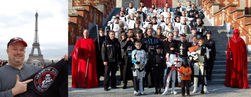 Albin Johnson shows off his 501 Legion jacket and poses with other cosplayers in the group.