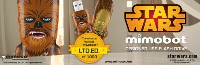 A Mimobot designer Star Wars USB flash drive shaped like Chewbacca carrying C-3PO on his back.