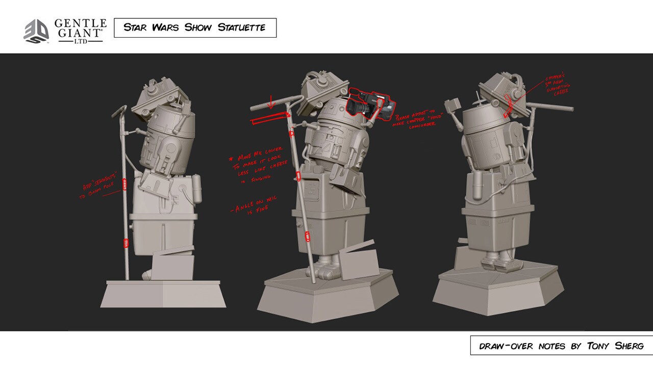 An early concept model of three droids stacked on top of each other.
