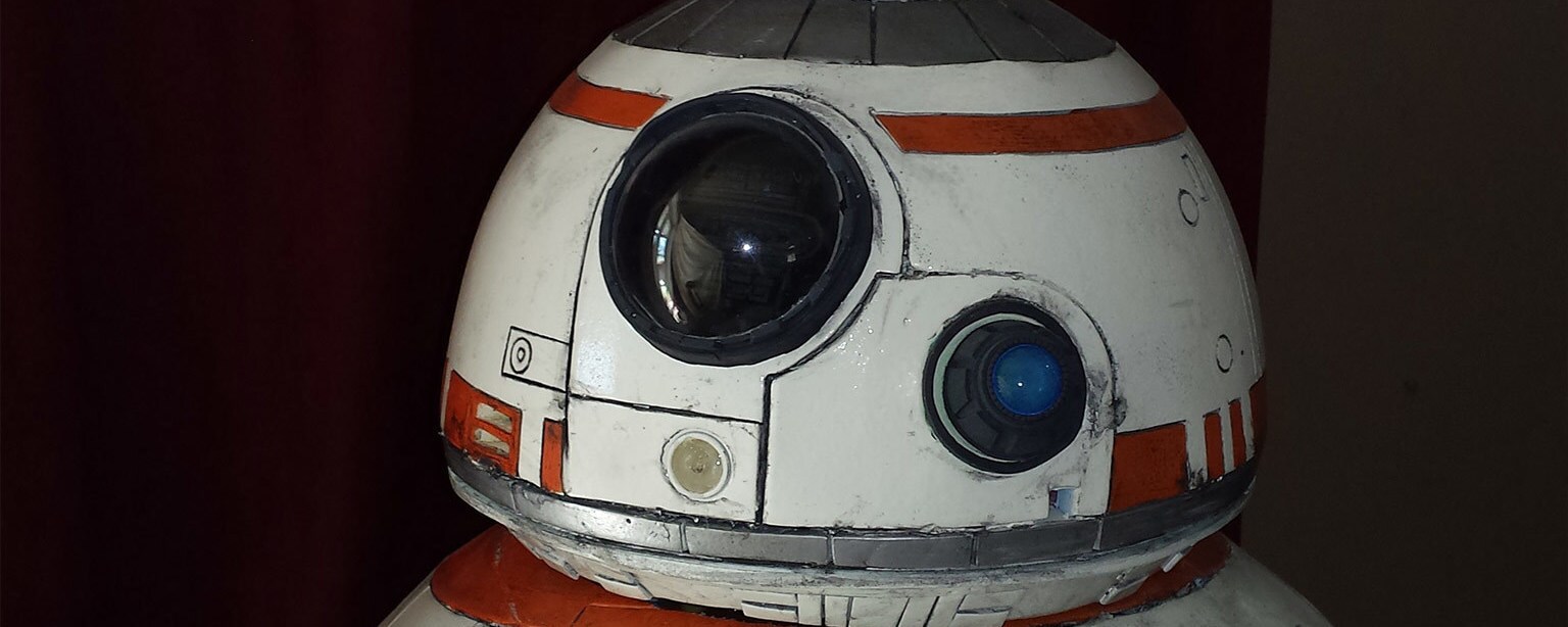 The foam-covered head of a homemade BB-8 model.