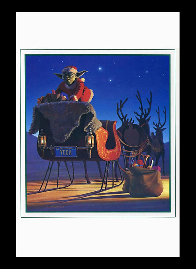 Yoda stands atop a sleigh pulled by reindeer with a starry night sky in the background. The image is from a Star Wars holiday card with artwork by studio artist Ralph McQuarrie.