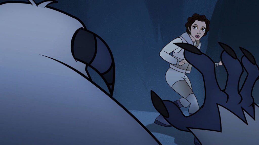 Princess Leia looks over in surprise at an approaching wampa in Star Wars Forces of Destiny.