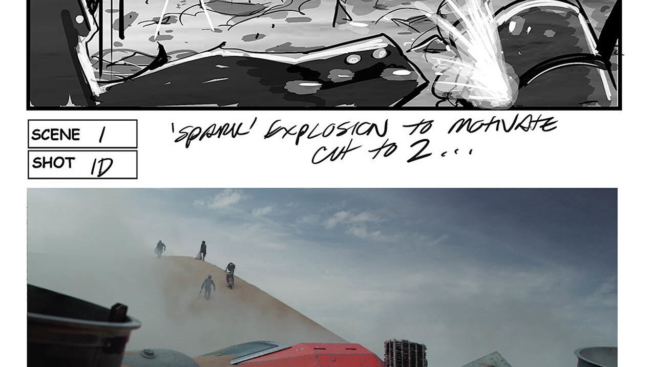 A storyboard and a final frame from "The Sable Corsair."
