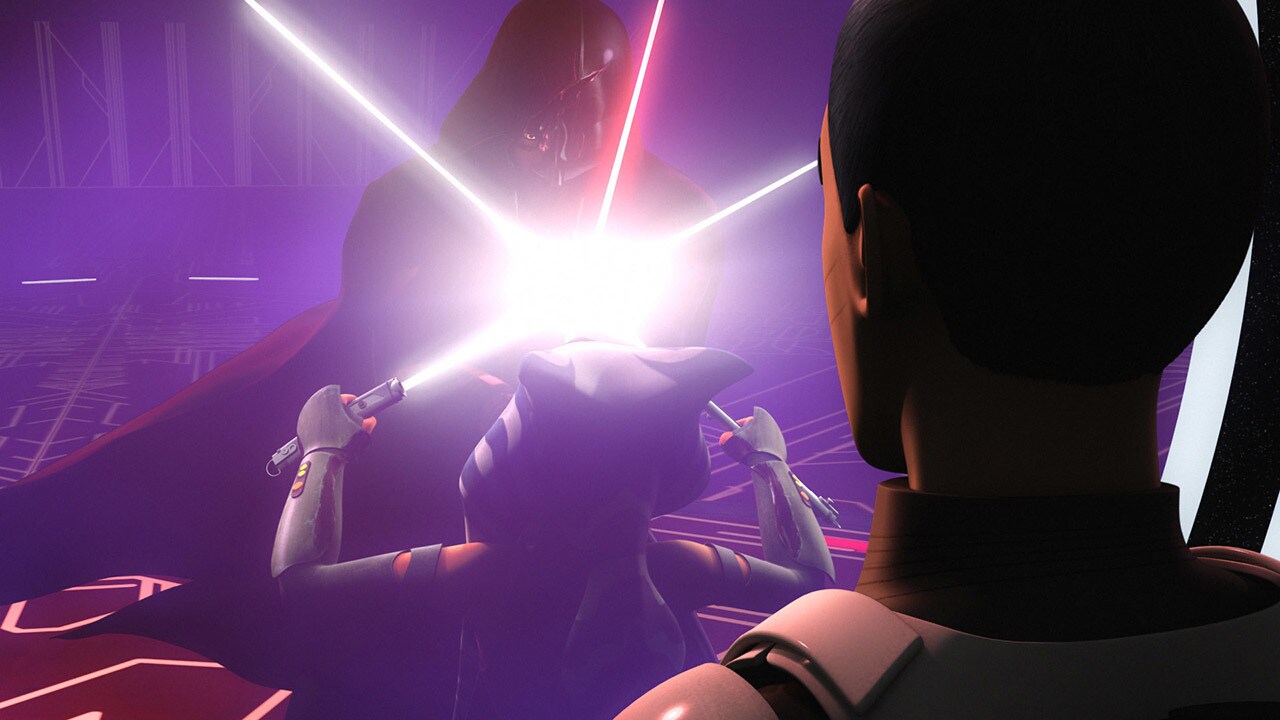 Ezra watches Ahsoka engage in a lightsaber duel against Darth Vader in the Star Wars Rebels.
