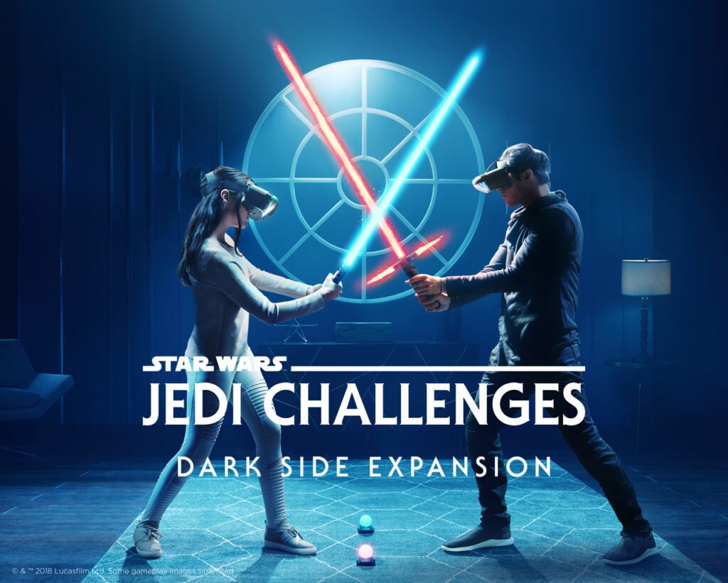 A man and woman in AR headsets battle with lightsabers in a marketing image for the game Jedi Challenges - Dark Side Expansion.