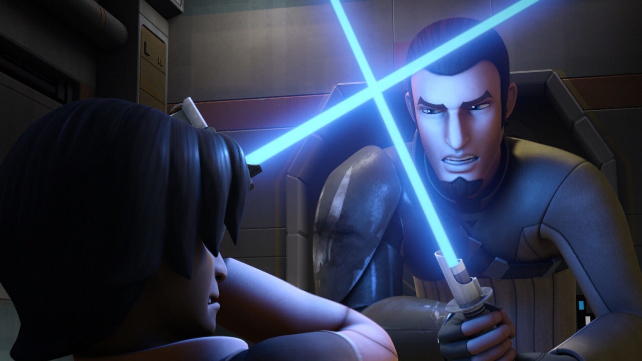 Kanan and Ezra spar with lightsabers in Star Wars Rebels.
